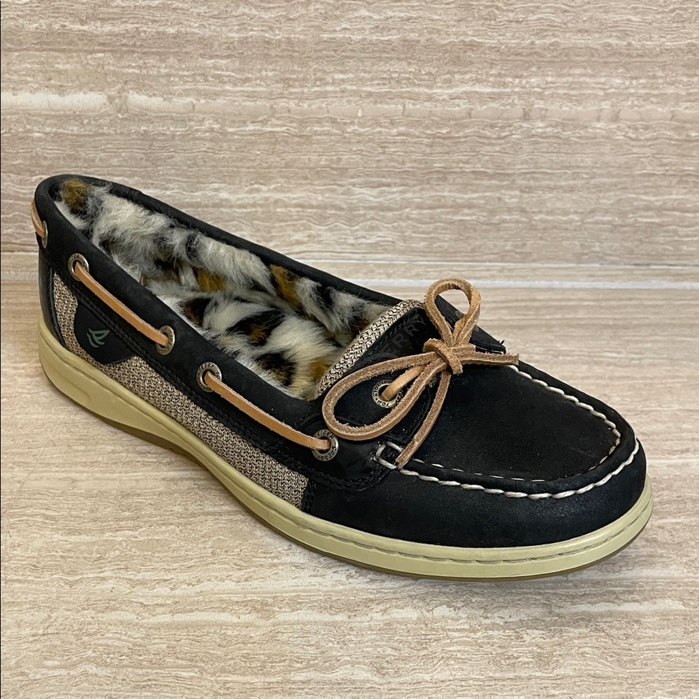 Sperry NWOT Black Flat Moccasin with Leopard Faux-Fur Lining - Picture 1 of 13
